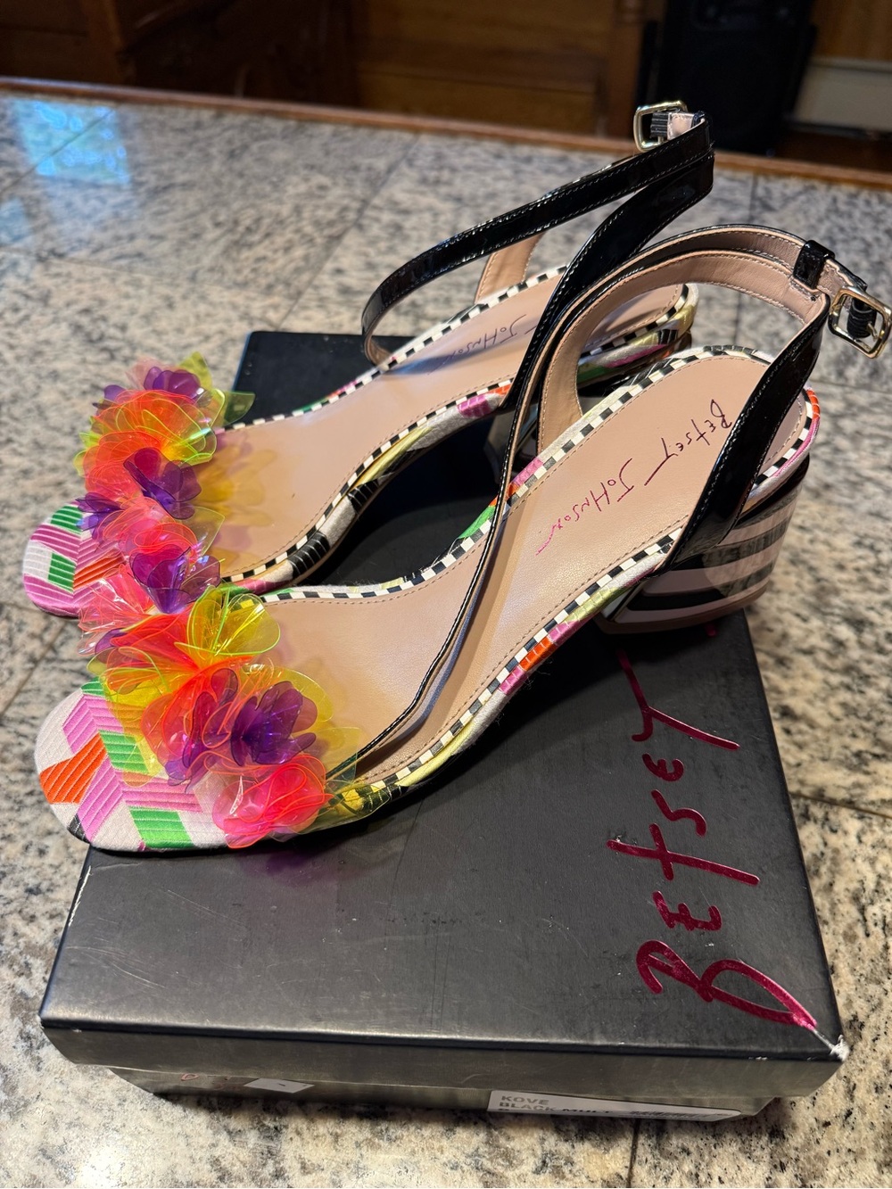 Betsey Johnson Black Ankle-Strap Sandals with Neon Floral Accents - Picture 2 of 6